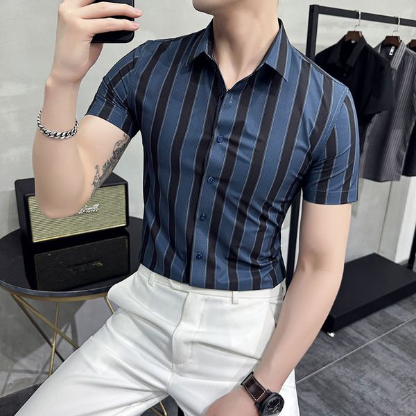 

men's casual shirts kemeja kasual bisnis bergaris kualitas tinggi pakaian pria kemeja formal sosial ramping lengan pendek musim panas c, White;black