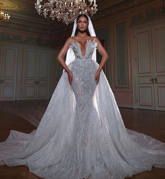 

spaekly mermaid wedding dresses sleeveless v neck appliques sequins beaded ruffles detachable train 3d lace floor length bridal gowns custom, White