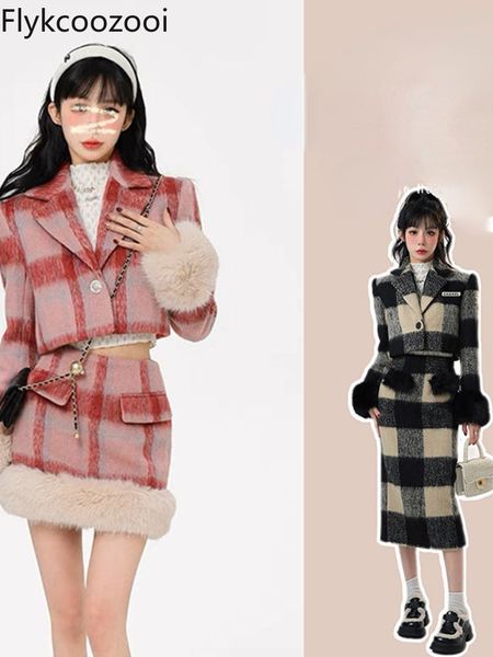 

two piece dress plaid suit ladies two piece suit thickened woolen coat splicing wool short skirt autumn winter warm suit female clothing 230, White