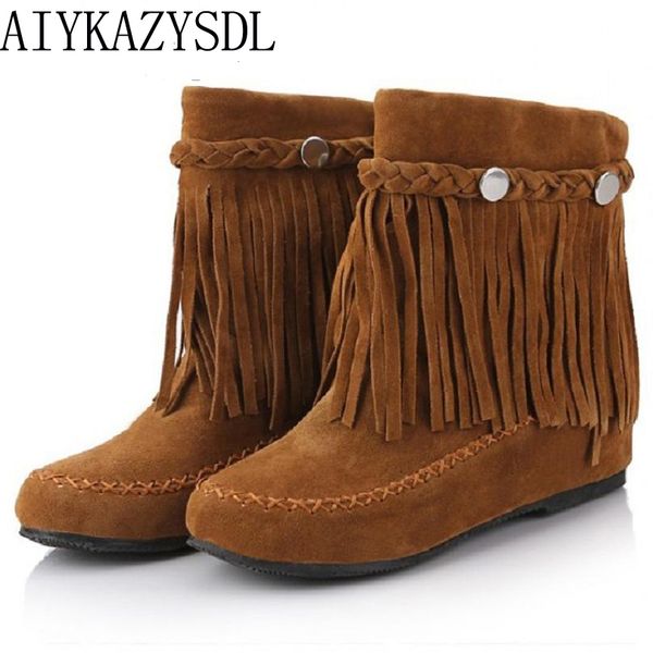 

boots aiykazysdl bohemian gypsy boho ethnic national women tassel fringe faux suede leather ankle boots woman girl flat shoes booties 230329, Black