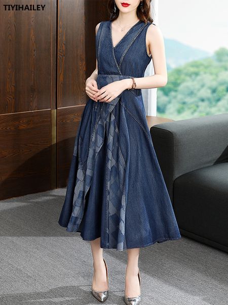 

casual dresses tiyihailey vintage women long mid-calf summer denim s-xl sleeveless dress v-neck high waist patchwork 230329, Black;gray