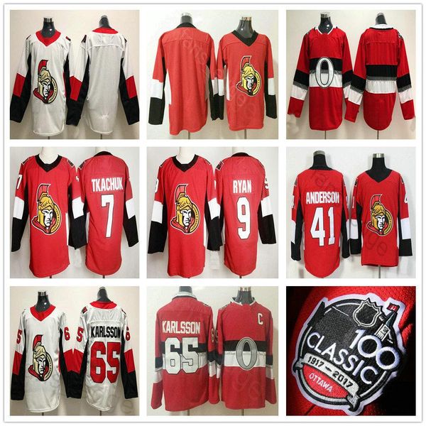 

2020 new ottawa senators #7 brady tkachuk jersey 65 karlsson 9 bobby ryan 41 craig anderson 100th classic stitched red ice hockey jerseys, Black;red