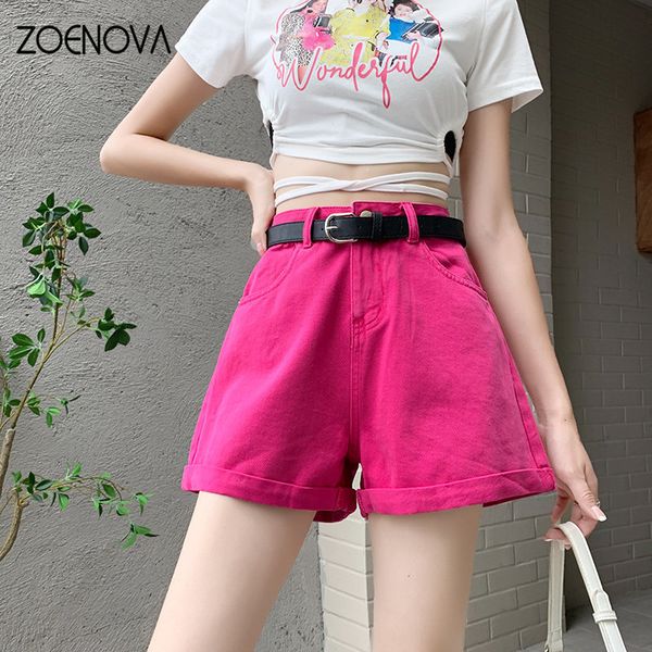 

women's shorts zoenova high waist solid denim cuff design belt american sell rose red lift up hips good quality streetwear 230329, White;black