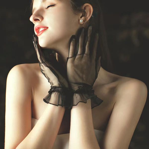 

women gloves lace full finger gloves short tulle stretchy lotus leaf black mittens wedding, White