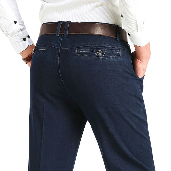 

men's jeans business loose 100% cotton fabric jeans for men spring autumn male brand classic straight stretch long denim pants mens tro, Blue