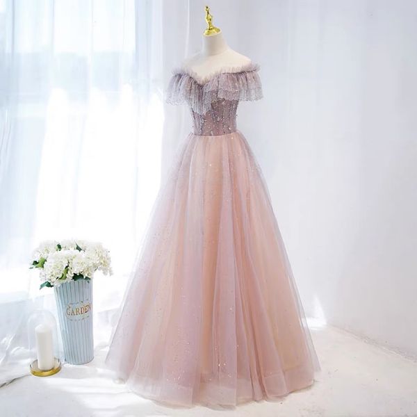 

pink bridesmaid dress appliques sequined a-line wedding party boat neck off the shoulder lace up backless elegant evening gowns, White;pink
