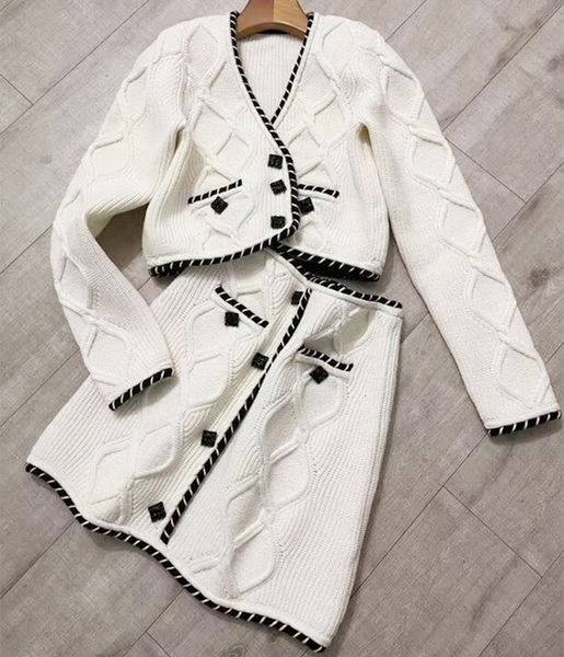 

two piece dress autumn arrive knitted women two pieces sets full sleeve v neck single breasted cardigan sweater elastic waist skirt 230329, White