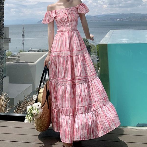 

casual dresses summer pink dress women clothes fashion short sleeve elastic waist beach style long dress elegant casual holiday a-line dress, Black;gray