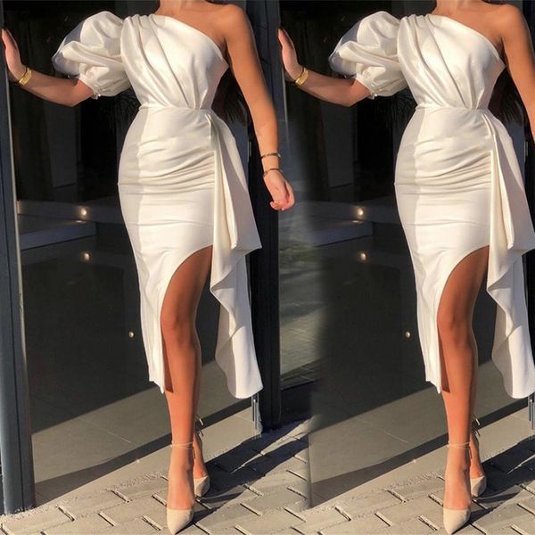 

formal evening dresses prom party gown straight one-shoulder with half sleeve tea-length satin zipper split custom, Black