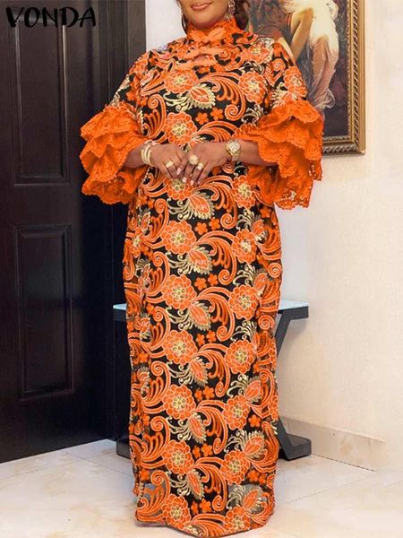 

dresses vonda women printed bohemian dress 2022 autumn ruffled holiday sundress flare sleeve casual loose party maxi vestido oversized, Black;gray