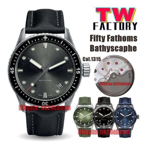 

tw factory watches 5000-1110-b52a fifty fathoms bathyscaphe cal.1315 automatic mens watch black/gray/blue/green dial marine canvas strap gen, Slivery;brown