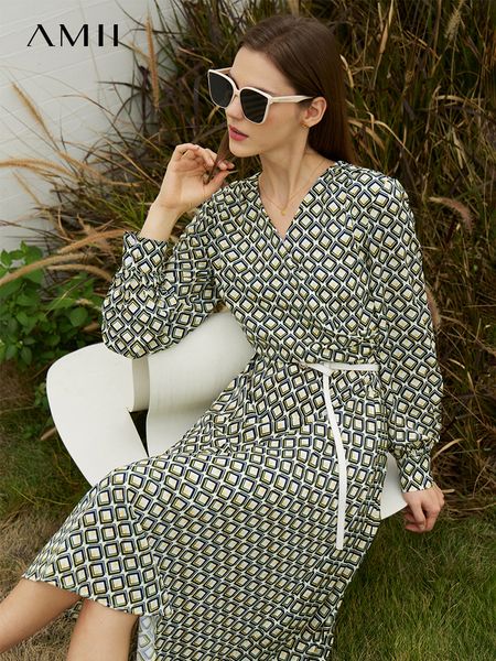 

casual dresses amii minimalist floral dress spring women v-neck lantern sleeve a-line slim french elegant midi chiffon dress robe 12240220 2, Black;gray