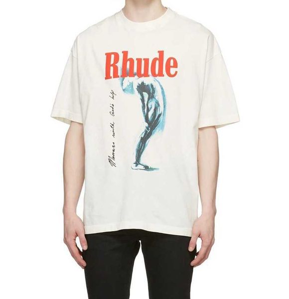

trendy american rhude monaco with gold help men's casual round neck cotton short sleeve t-shirt, White;black