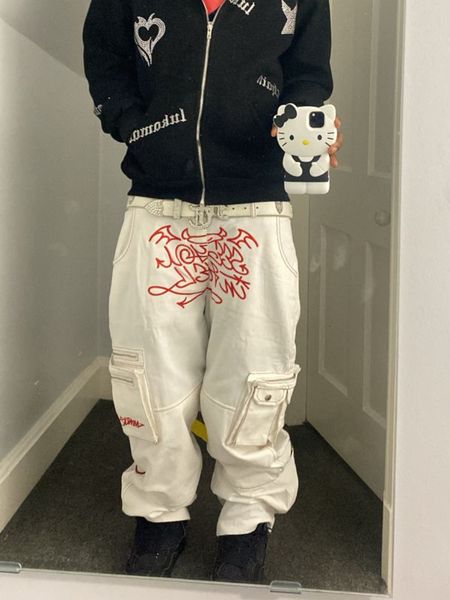 

mens jeans gothic devil letter print white pants y2k street trend loose straight wide leg hiphop male dark girl pattern 230329, Blue