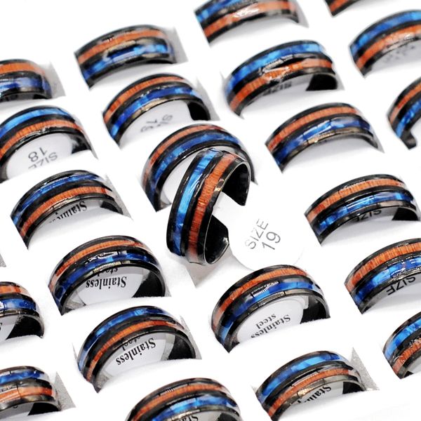 

30pcs mixed wood pattern band rings for men wedding anniversary 8mm fashion stainless steel charm party finger jewelry bulk wholesale, Slivery;golden