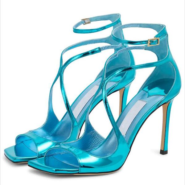 

fashion women sandals summes london azia 95 mm pumps in patent leather italy perfect square toes cross ankle sling designer evening dress hi, Black
