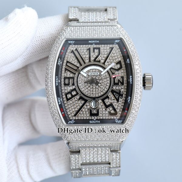 new watch vanguard v45 sc dt miyota automatic mens watch diamond dial diamond bracelet fashion 44mm date gents sport watches, Slivery;brown