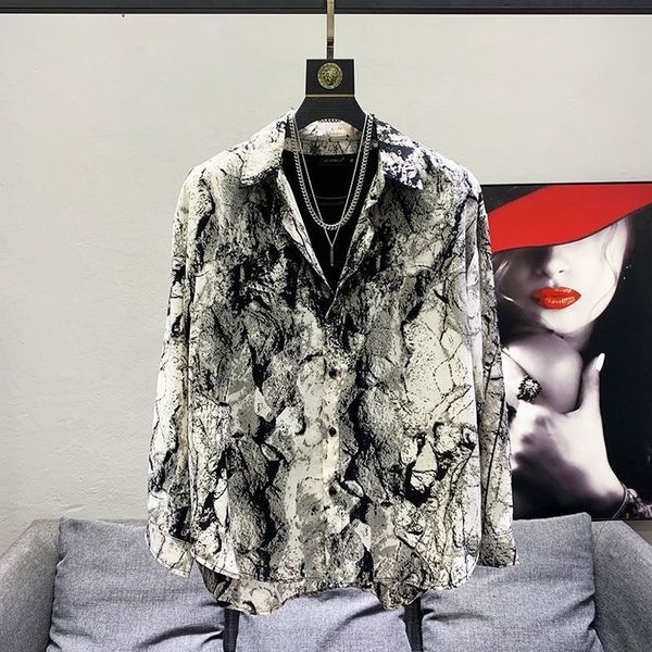 

men's casual shirts street fashionable vintage printing loose turndown collar man handsome spring sum thin button clothing 230329, White;black