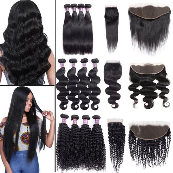 

brazilian virgin hair straight body water deep wave bundles with closure unprocessed kinky curly human hair bundles with lac279l9282815, Black;brown