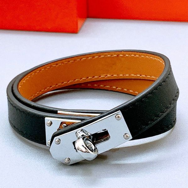

r bangle bracelet for women epsom calfskin riveted fashion h gold and silver buckle punk style double ring couple same style bracelets, Black