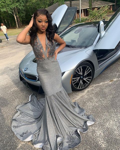 

black girl mermaid evening dresses plunging v neck glitter prom party dress sleeveless beading detail dresses for special occasions formal e, Black;red