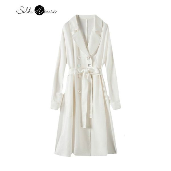 

women's trench coats autumn knee length windbreaker silk waistband jacket mulberry temperament draping coat 230329, Tan;black