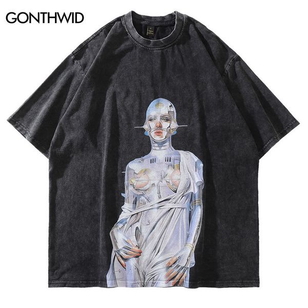 

men's t-shirts distressed oversized t-shirt streetwear hip hop vintage robot graphic print tshirt men harajuku casual short sleeve tee, White;black