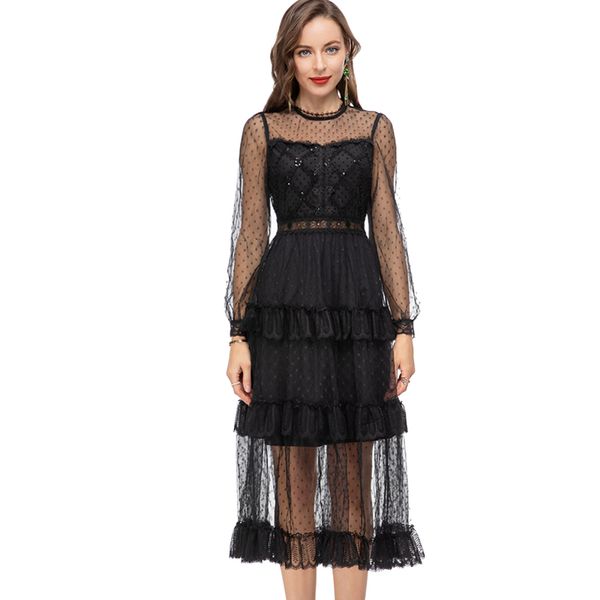 

women's runway dresses o neck short sleeves printed ruffles elegant designer mid vestido, Black