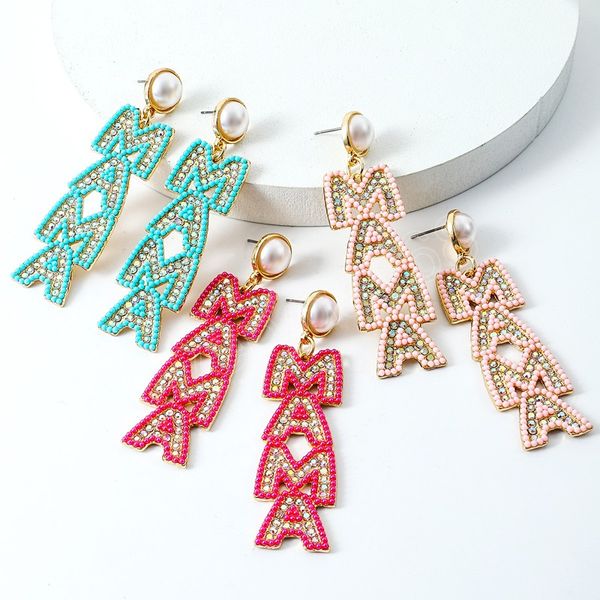

long handmade beaded mama letter mother's day dangle earrings for women vintage creative rice bead earrings boho jewelry gifts, Silver