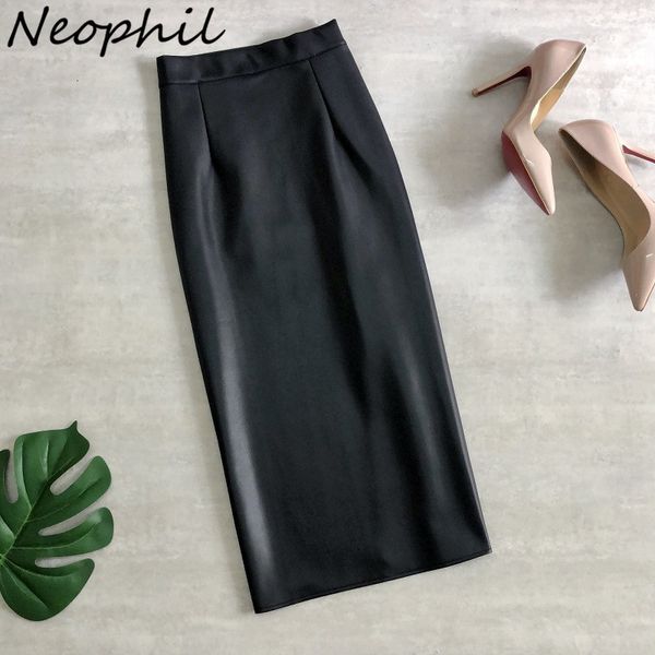 

skirts neophil 74cm women's winter pu leather midi pencil bodycon elegant office ladies high waist faux stretch skirt s9902 230329, Black