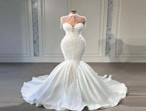 

luxury tassel sequins trumpet wedding gowns vestido de noiva elegant beads satin mermaid bride dresses custom made bridal dress4613662, White
