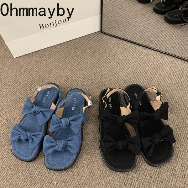 

slippers summer butterflyknot women sandal fashion denim ankle strap flats shoes ladies elegant outdoor gladiator sandalias 230329, Black