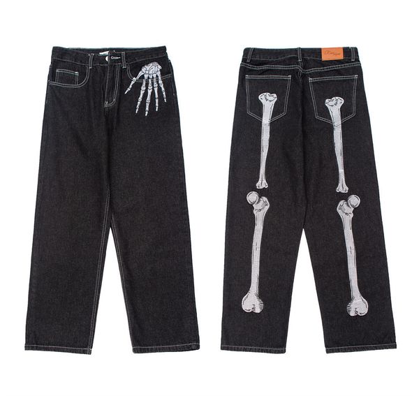 

mens jeans retro skull hand bone embroidery washed mens jeans pants y2k straight casual oversize denim trousers loose streetwear pantalones, Blue