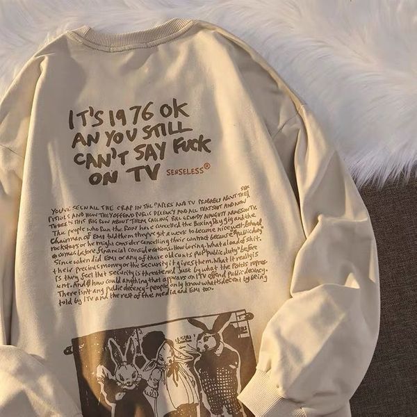 

womens tshirt autumn american retro pictorial design sense long sleeved tshirt men and women ins brand loose sweater clothes 230328, White