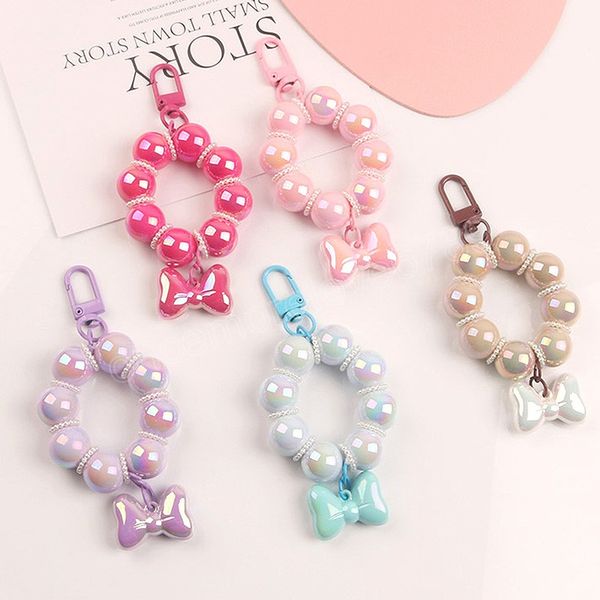 

beautiful bow beaded car key chain creative candy color acrylic beads bag accessories charm mobile phone pendant key ring, Silver