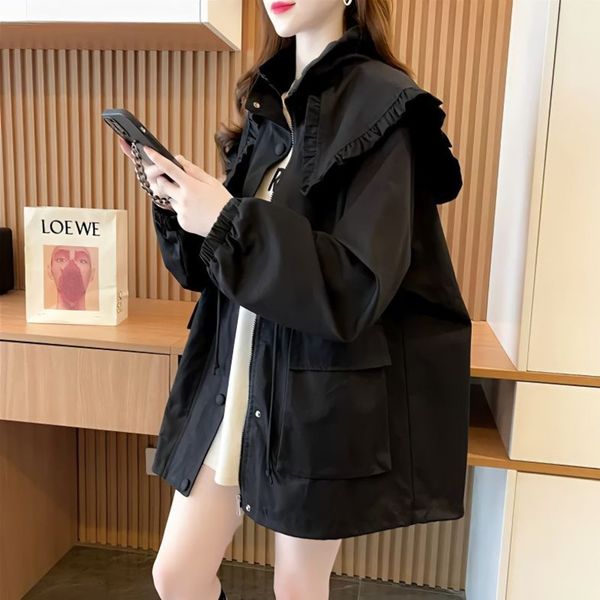 

women's trench coats korean fashion coat 2023 spring autumn medium to long navy collar jacket female casual loose pocket windbreaker 23, Tan;black