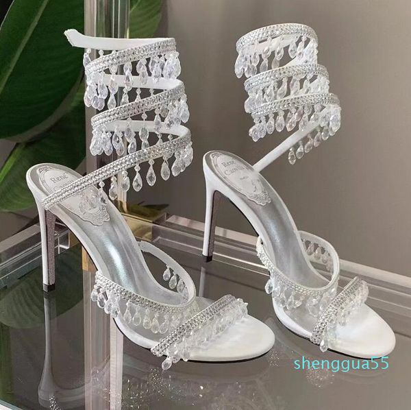 

crystals embellished rhinestone heels sandals rene caovilla cleo 95mm designers ankle wraparound women high heeled sandal flower 051, Black