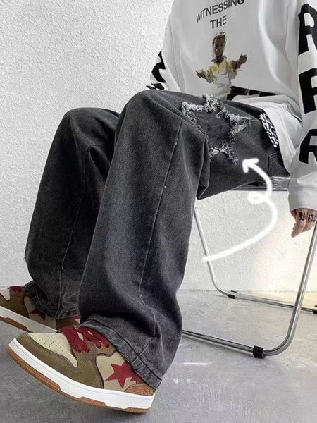 

men's jeans deeptown straight with embroidery stars y2k loose casual patch youth trousers male black washed hip hop streetwear 230329, Blue