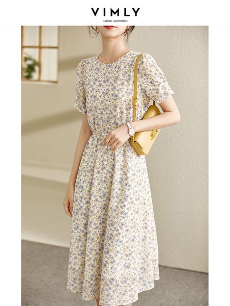 

casual dresses vimly fairycore floral summer dress for women sweet fashion short sleeve elastic waist chiffon dresses for women v3303 230329, Black;gray