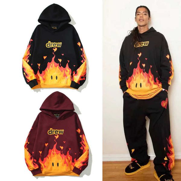 

drevv skate house smiling face flame american fashion couple loose versatile plush hooded sweater, Black