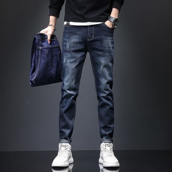 

men's jeans fit thick jeans fleece denim design men's winter warm jeans blue cotton slim fit leg stretch pants male brand trousers