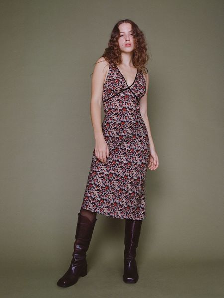 

american designer dress floral print silk dress, Black;gray