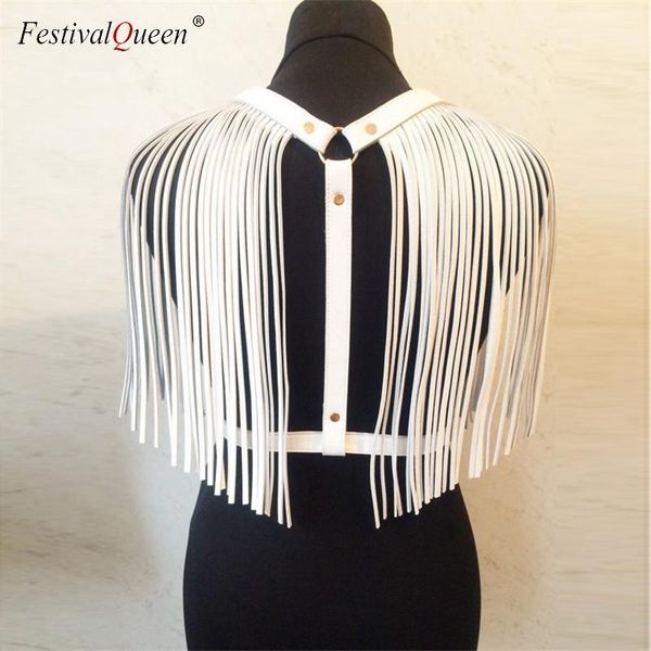 

tanks festivalqueen women back pu leather tassel tank 2022 new gothic adjustable body harness bondage belt black white crop top