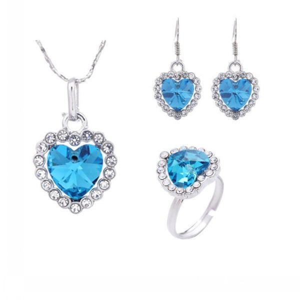

heart of the sea pendant necklace ear studs ring jewelry suit inlaid zircon rhinestone twinkle decorate adjeustable length not fade women vo, Silver