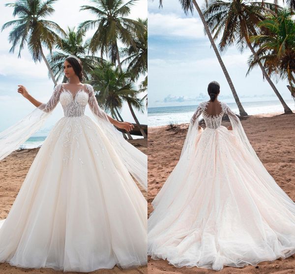 

arabic dubai vintage long sleeve wedding dresses sheer backless a line appliques beads bridal gowns luxurious custom made bc15506, White