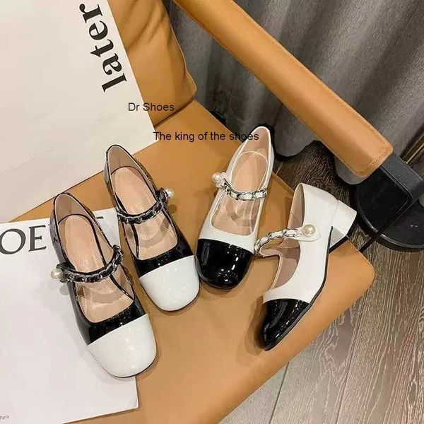 

designer shoes 22 spring new miu children pearl single fragrant mary jane thick heels small leather shoes, Black
