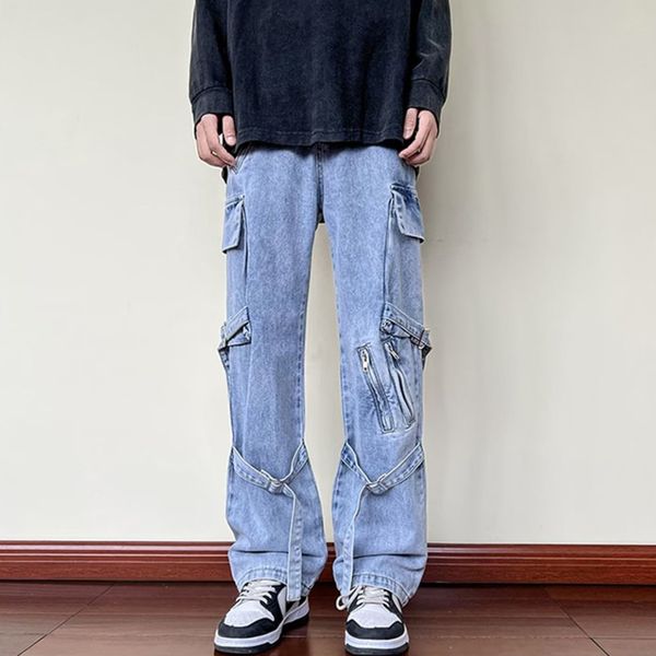

men's jeans streetwear men vintage recreational selfcultivation zipper blue loose straight cylinder cargo pants autumn women 230329