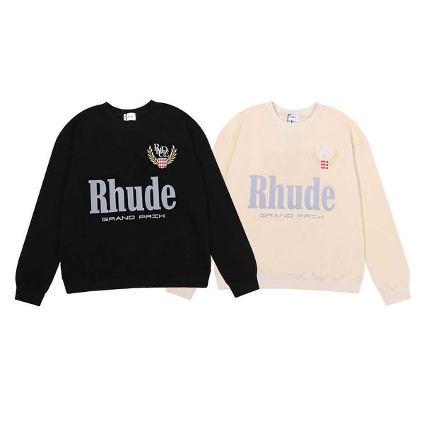 

meichao rhude grand prix rice print high gram weight cotton terry men's and women's casual round neck sweater, Black