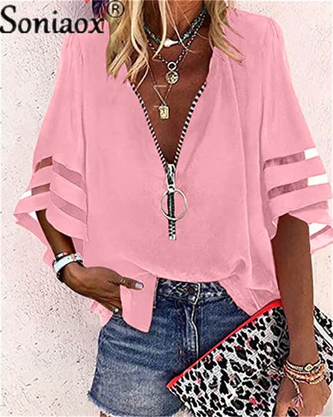

women's blouses shirts lace patchwork flared sleeve mesh solid shirt blouse summer women zipper v-neck loose casual t-shirt streetwear, White