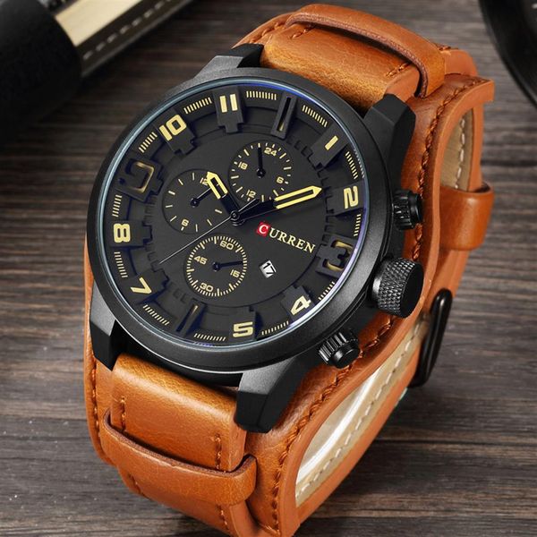 

relogio masculino mens watches brand luxury leather strap waterproof sport men quartz watch military male clock curren298m, Slivery;brown